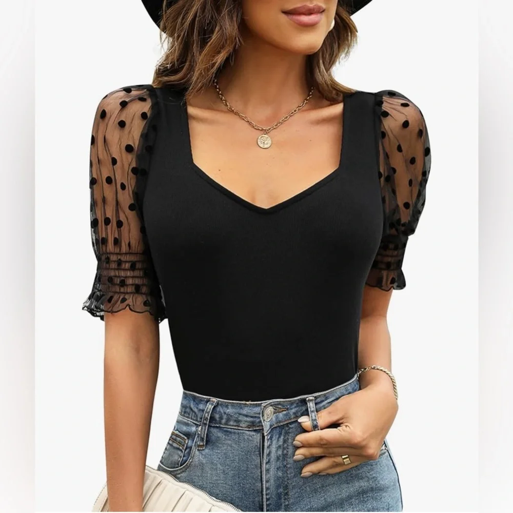 Women’s Puff Sleeve Top Sweetheart Neckline Dressy Casual Short Sleeve Shirt - Picture 1 of 4